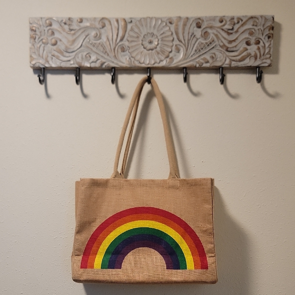 Colorful Red and Orange Tote Bag with Rainbow Design